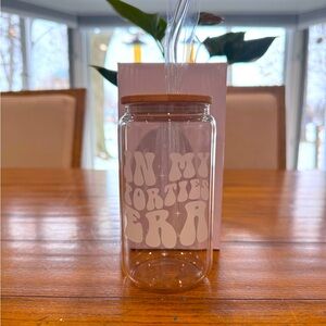 NEW With Box Glass Drinking Glasses with Glass Straws. 
“ In My Forties Era”